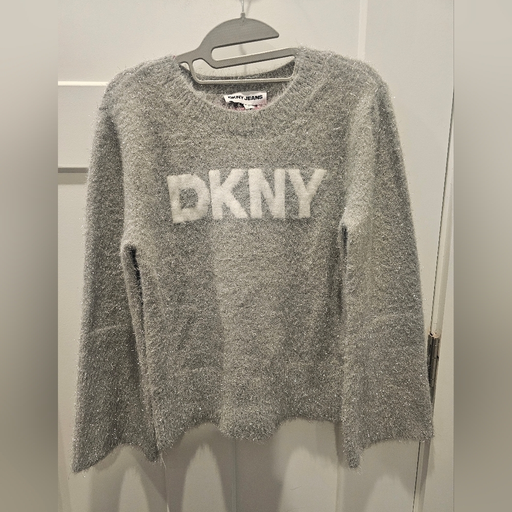 DKNY JEANS Eyelash Fuzzy Logo Sweater Small Gray Silver Metallic Knit Crewneck